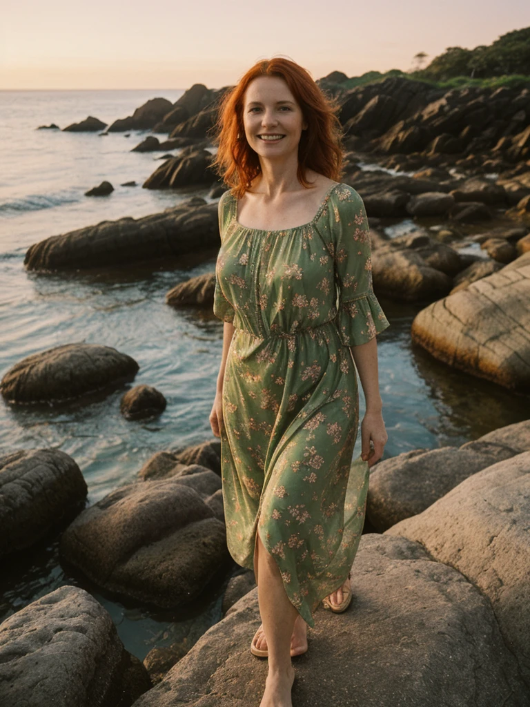 portrait shot, half body, her name is Mia, high quality, 1 old woman, ((40-year-old guitar shaped body irish woman)), (((40 years old))), (guitar shaped body), wide hips, (wrinkled body), (old body), (((red hair))), (pale skin), ((green eyes)), she is wearing a sexy boho dress, dynamic pose, smiling, BREAK, BACKGROUND: outdoor: secluded cove at sunrise, coves, dawn, tide pools, seashells, small boat, film grain