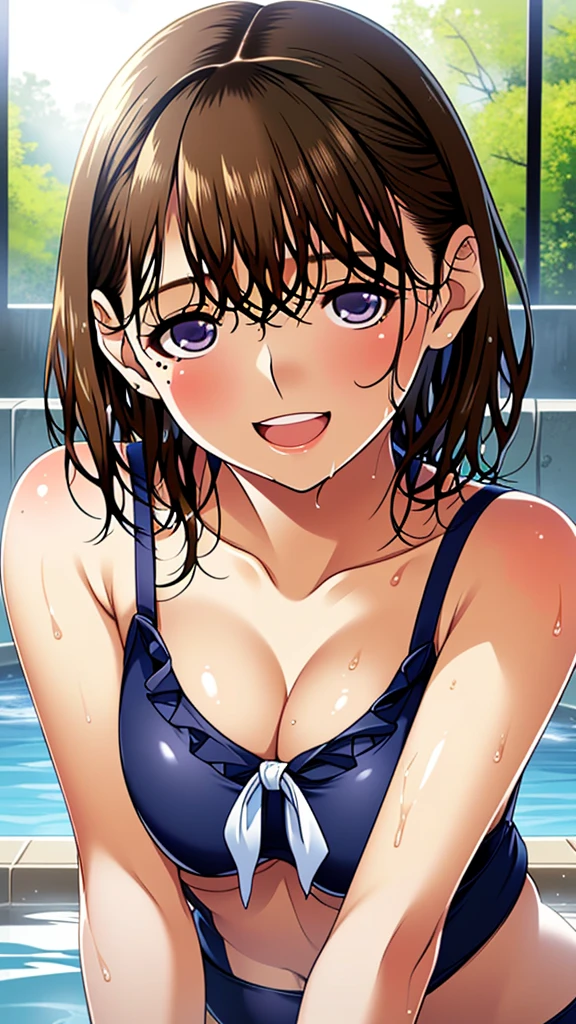 (masterpiece:1.4、top-quality、illustration:1.4,realistic、)、(character focus、breast focus,upper body)、(1girl),(Open mouth happy grin:1.3),(half closed eyes),cute face,blue eyes、((((wet))))、
,(stand:1.4),(Shining smile),
,(slender),(bikini),(,short brown hair:1.6), (large breasts)、
、slender、pool,、