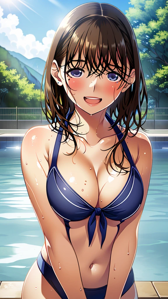 (masterpiece:1.4、top-quality、illustration:1.4,realistic、)、(character focus、breast focus,upper body)、(1girl),(Open mouth happy grin:1.3),(half closed eyes),cute face,blue eyes、((((wet))))、
,(stand:1.4),(Shining smile),
,(slender),(bikini),(,short brown hair:1.6), (large breasts)、
、slender、pool,、
