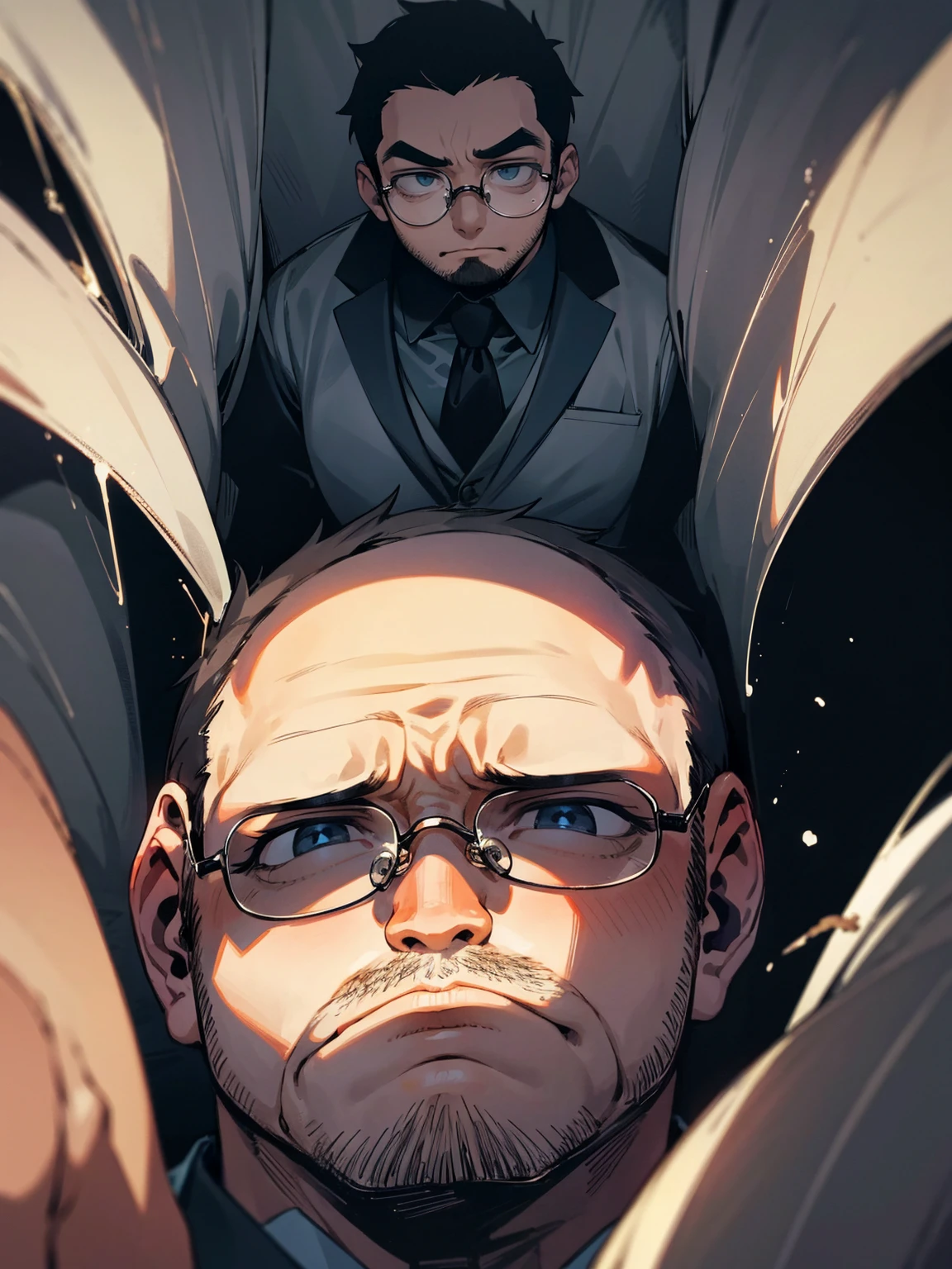 1male, fat, suit, stubble, scared, glasses, dark room