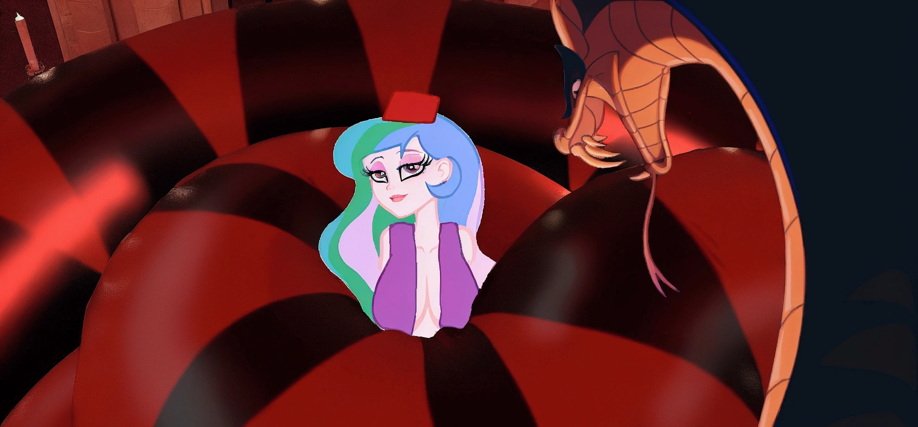 there is a cartoon girl that is sitting in a giant red ball, very sad medusa, fan art, big tentacle sneak around, some tentacles are touching her, in a throne room, evil princess, lamia, sitting on obsidian throne, inspired by Sebastian Vrancx, mlp fanart, female disney villain, in a crashed spaceship, princess in foreground