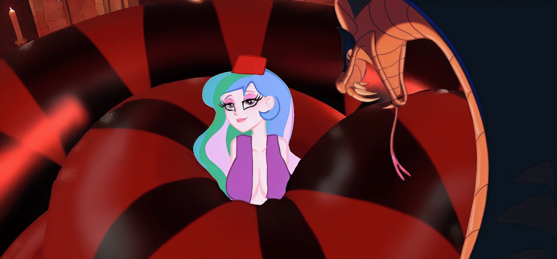 there is a cartoon girl that is sitting in a giant red ball, very sad medusa, fan art, big tentacle sneak around, some tentacles are touching her, in a throne room, evil princess, lamia, sitting on obsidian throne, inspired by Sebastian Vrancx, mlp fanart, female disney villain, in a crashed spaceship, princess in foreground
