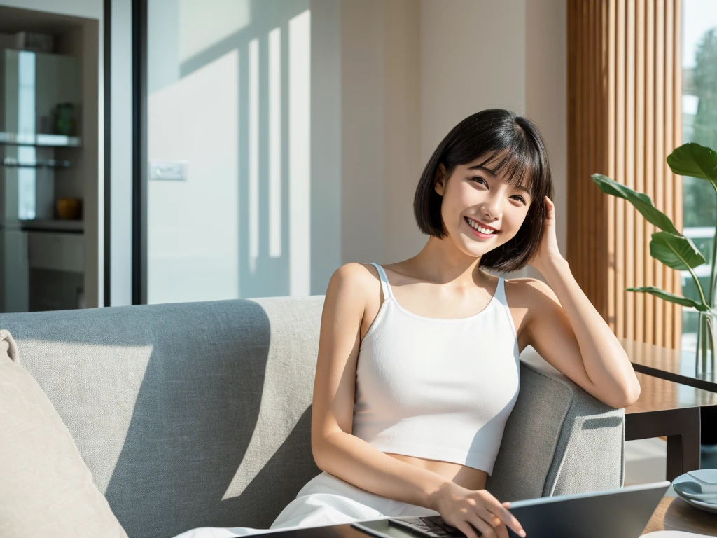 masterpiece, realistic, photorealistic, best quality, beautiful detailed, natural lighting, sharp focus, slim body, abs:1.2, small breasts, best quality real texture skin, Detailed beautiful delicate face and eyes, A beautiful 20-year-old Japanese woman with a short haircut, wearing a white tank top and white mini skirt, sits at a dining table in a modern living room. ((She is smiling and looking directly at the camera while searching the internet on her laptop)), The room is decorated with minimalist furniture, including a sleek glass table and white leather chairs. A large, abstract painting hangs on the wall behind her.