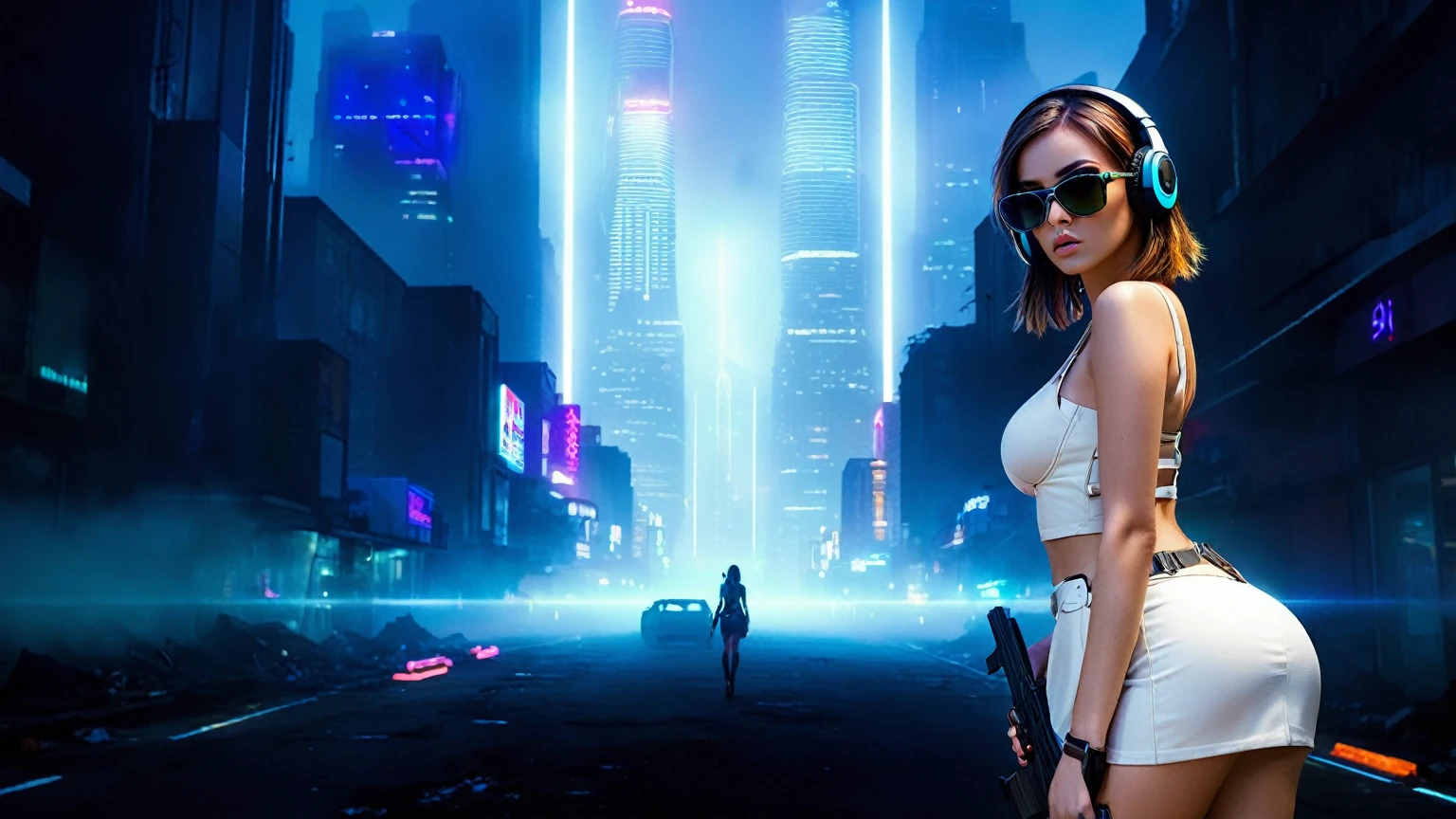 dark futuristic landscape, at night, neon lights, Atmospheric fog, large buildings in the background, futuristic city, streets with open shops, skyscraper (postapocalyptic city:1.3). (((1girl, solo, alone))), large-breast:1.2 slim body, cleavage:1.1, sexy miniskirt, (((headphone, black sunglasses, standing and holding pistol pose))), (((half-body thigh level medium shot))), cinematic lighting, lens flare, ray tracing.