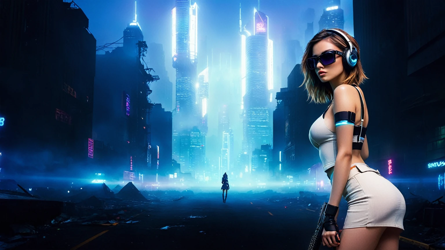 dark futuristic landscape, at night, neon lights, Atmospheric fog, large buildings in the background, futuristic city, streets with open shops, skyscraper (postapocalyptic city:1.3). (((1girl, solo, alone))), large-breast:1.2 slim body, cleavage:1.1, sexy miniskirt, (((headphone, black sunglasses, standing and holding pistol pose))), (((half-body thigh level medium shot))), cinematic lighting, lens flare, ray tracing.