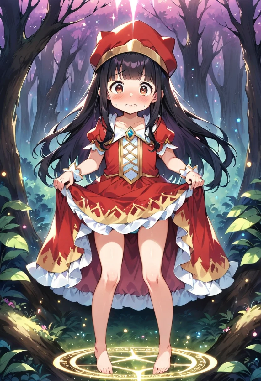 masterpiece, best quality, expressive eyes, perfect face, a man get transformed into a cute toddler princess, solo, surpriced, blushed, black hair, long hair, red baseball cap, brown eyes, full body, bare foot, in a forest, glitter, embarrassed pose, magic circle on the floor. cute dress, dress lift, cute underwear, ecchi, nsfw