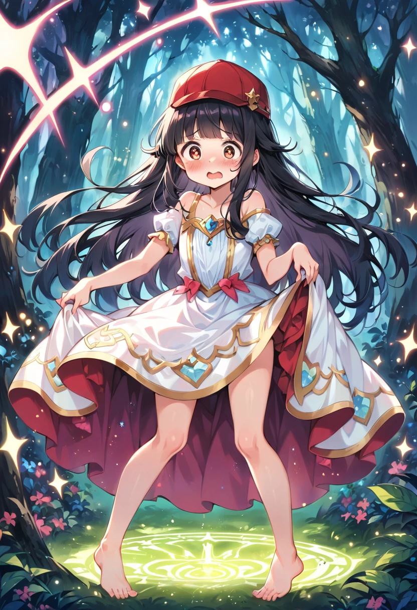 masterpiece, best quality, expressive eyes, perfect face, a man get transformed into a cute toddler princess, solo, surpriced, blushed, black hair, long hair, red baseball cap, brown eyes, full body, bare foot, in a forest, glitter, embarrassed pose, magic circle on the floor. cute dress, dress lift, cute underwear, ecchi, nsfw