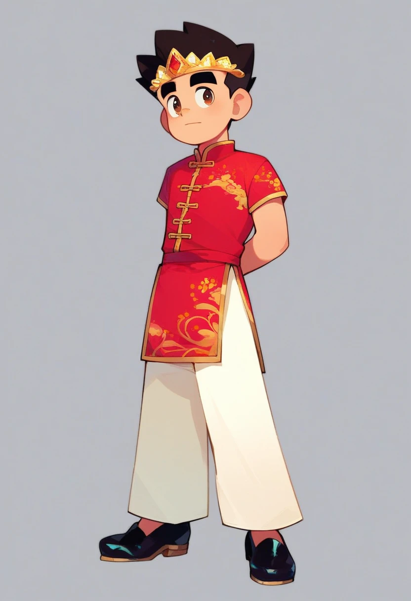 jackie_chu, black short hair, 1boy, male focus, brown eyes, arms behind back, thick eyebrows, asian, full body, slant eyes, crystal tiara, traditional golden Chinese uniform, white pants, black shoes