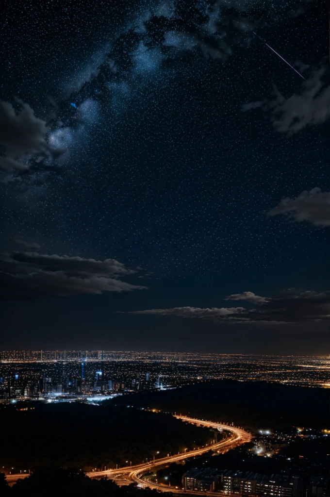Generate a piece of embroidery with the night sky, clouds, stars and cityscape, background should be dark and stars appear to shine