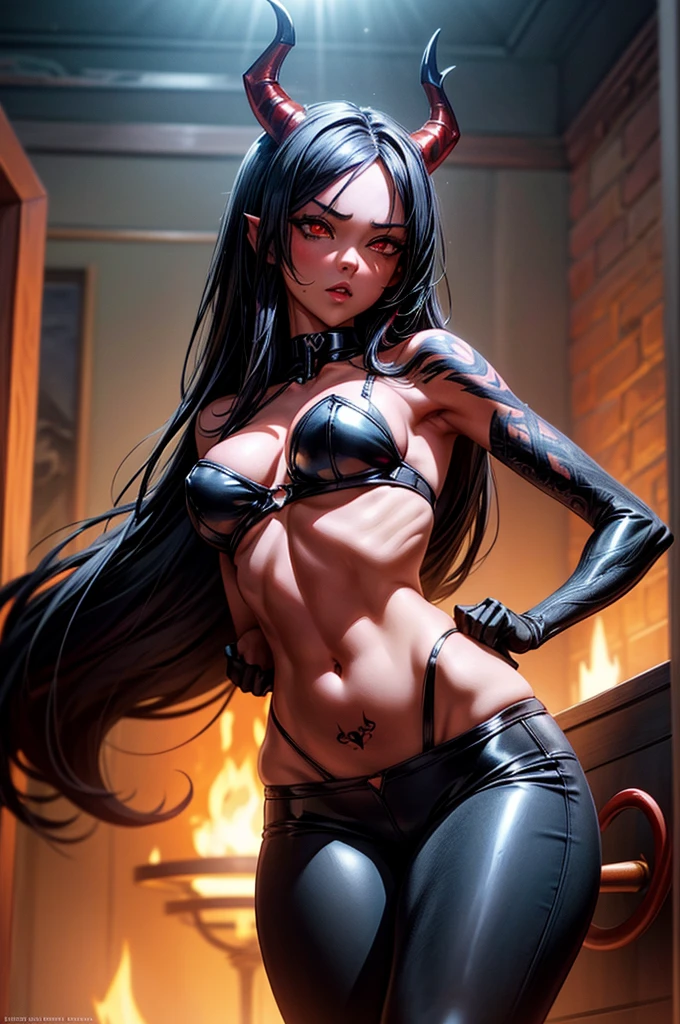 masterpiece, super detailed, high resolution, precision art, highly seductive anime girl. sexy and alluring, flawless red demonic skin, succubus, symmetrical face, beautiful obsidian black eyes, flowing black hair, her very presence oozes seduction and allure, S-shaped body, black onyx colored horns jutting out her forehead, heart shaped tail protruding from her back, sexy and arousing slender and thin yet chiseled with enticing breasts, intricate and beautiful heart shaped tattoo engraved on her stomach, wearing spaghetti strap crop-top and form-fitting leggings that accentuate her round ass, hip-level shot