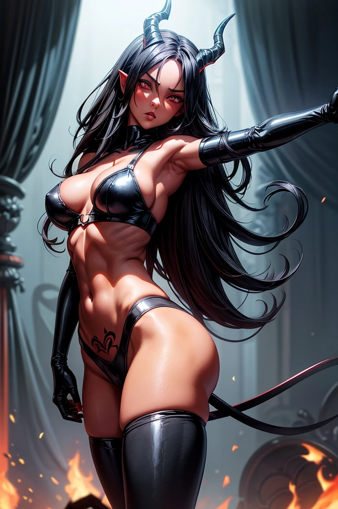 masterpiece, super detailed, high resolution, precision art, highly seductive anime girl. sexy and alluring, flawless red demonic skin, succubus, symmetrical face, beautiful obsidian black eyes, flowing black hair, her very presence oozes seduction and allure, S-shaped body, black onyx colored horns jutting out her forehead, heart shaped tail protruding from her back, sexy and arousing slender and thin yet chiseled with enticing breasts, intricate and beautiful heart shaped tattoo engraved on her stomach, wearing spaghetti strap crop-top and form-fitting leggings that accentuate her round ass, hip-level shot