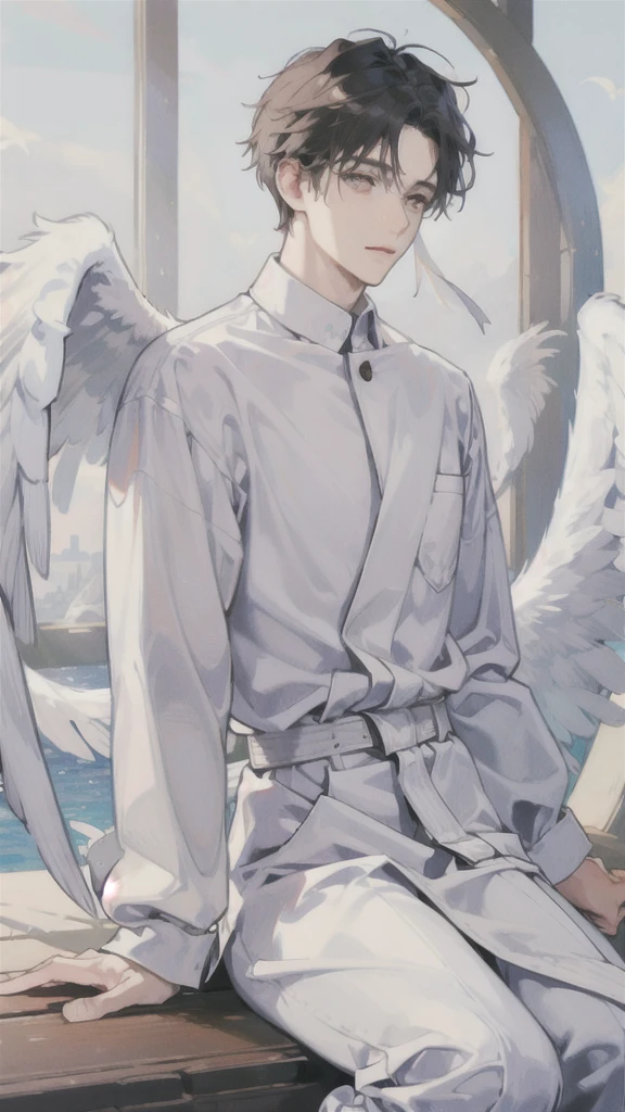 man, side face, wings white behind him, angel