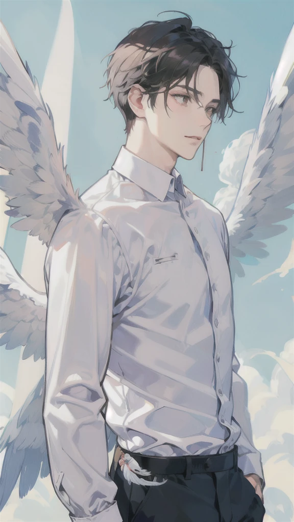 man, side face, wings white behind him, angel