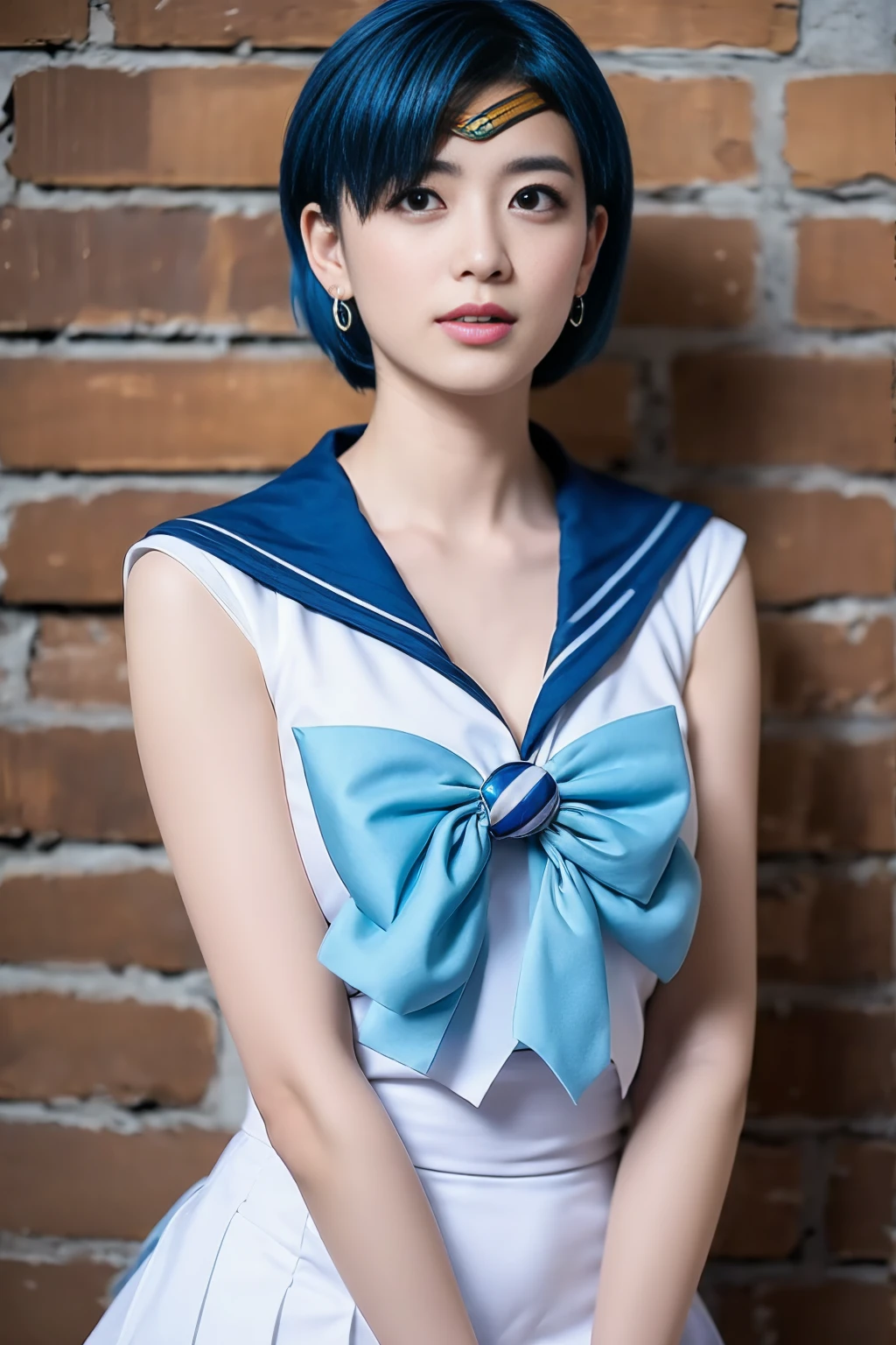 Full Body Shot,Ami Mizuno, (sailor mercury, neck ribbon, blue hair, short hair, circlet, jewelry, crescent earrings),Sailor Mercury. beautiful, whole body,background mercury,