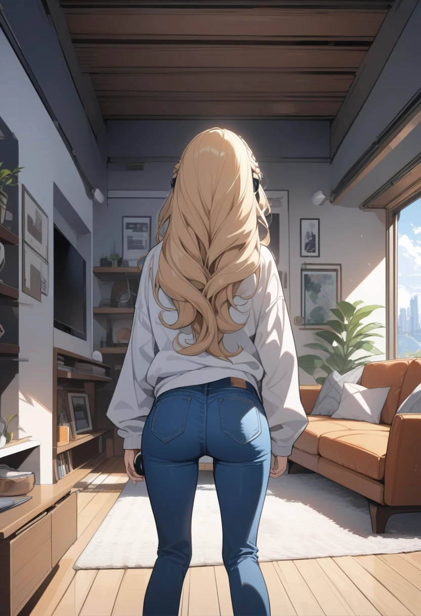 masterpiece, best quality, extremely detailed, ultra detailed, flat anime, 2D,
1girl, (young adult:1.2),blonde hair, (semi-long hair:1.2), curly hair, french braid, medium breasts, tsurime, height 1.7meters, 
white hooded sweatshirt, jeans,  earring,bracelet, long sleeves, ((Bluetooth small earphone)),socks,
from behind, upper body, looking back, right side,
summer, livingroom, 12AM., standing