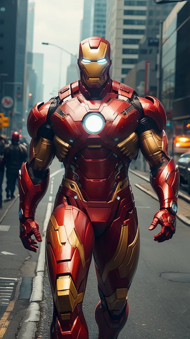 Mega muscular, marvel juggernault proportions, Iron Man Bodybuilder style, cyber punk, 8k. all-body, urban city background
