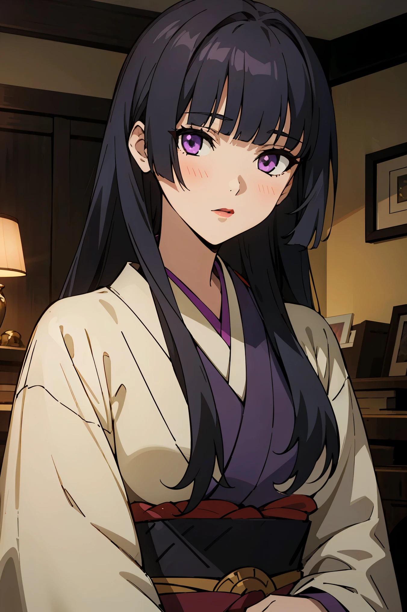 glass, 1girl, solo, long hair, bangs, black hair, purple eyes, looking at viewer, upper body, blunt bangs, kimono, lipstick, hime cut, cowboy shot, ((masterpiece)), (extremely detailed CG unity 8k wallpaper), best quality, cinematic lighting, detailed background, beautiful detailed eyes, bright pupils, (an extremely delicate and beautiful), (Beautiful and detailed eye description), ultra-detailed