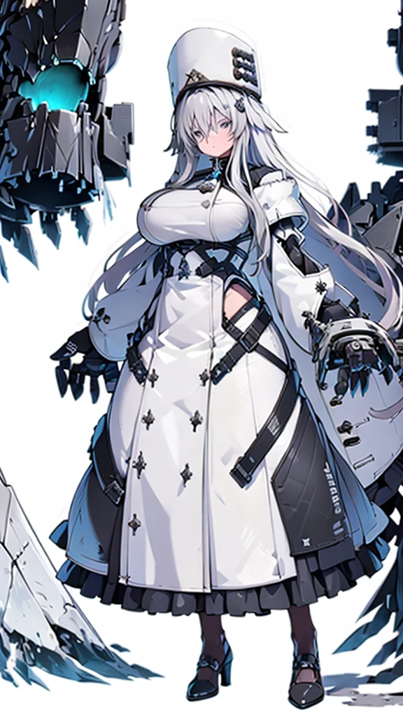 Anime, 1girl, ((masterpiece))best quality, ultra-detailed, high res, perfect face, large mechanical arms, Sovetsky_Soyuz, sovetsky soyuz, standing, busty, white military's uniform, white hat, white huge hairstyle, busty, large heavy mechanical arms