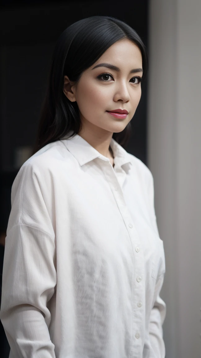a pretty woman, dressed in white shirt, full body portrait, nice perfect face with perfect face, hyper realistic concept, 8k resolution, photography quality, posing for a photo, photo realistic, (( unbuttoned shirt))  long  black hair