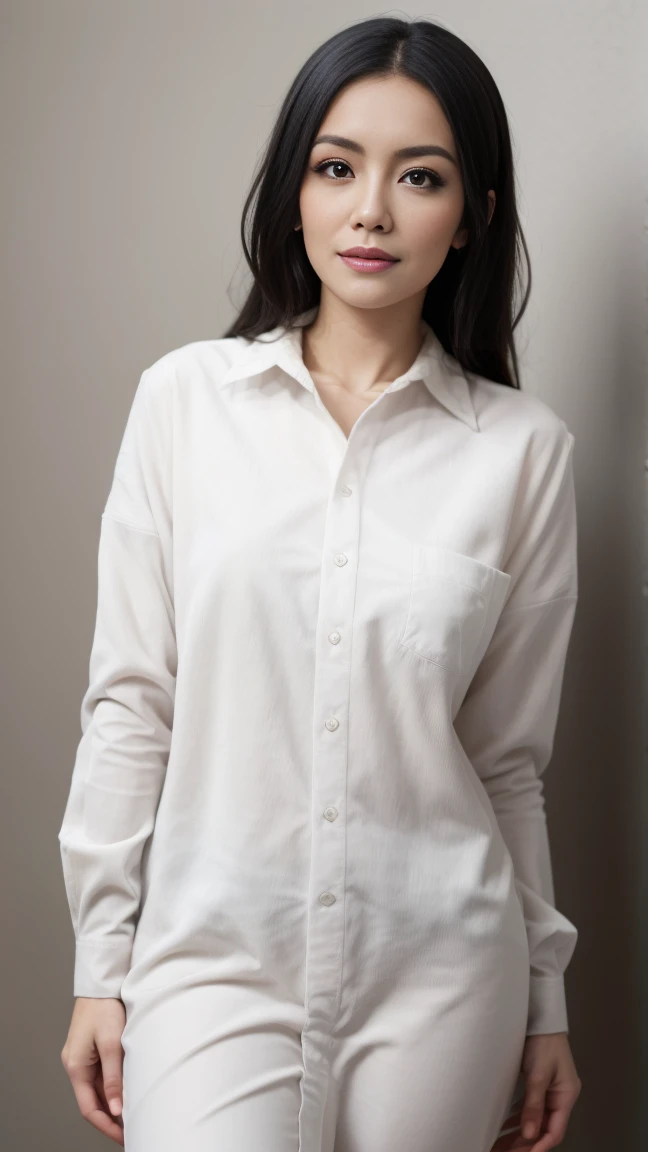 a pretty woman, dressed in white shirt, full body portrait, nice perfect face with perfect face, hyper realistic concept, 8k resolution, photography quality, posing for a photo, photo realistic, (( unbuttoned shirt))  long  black hair
