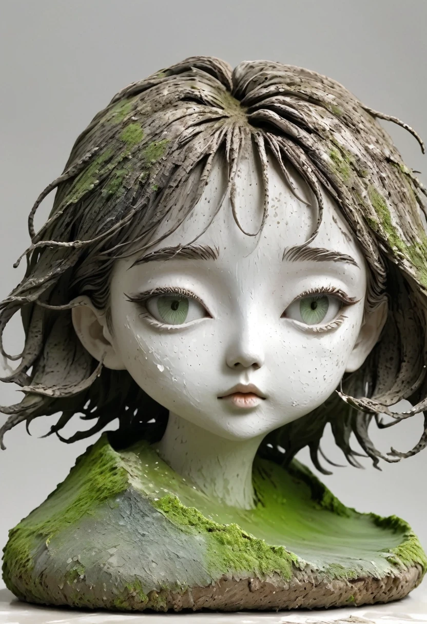 (Best quality：1.2），clay，Pottery，rough，Mineral pigments，3d，clay雕塑艺术，rough表面，（work，Abandoned Sculpture，Minimalist Sculpture，1 girl，Art Blush，cute，rough表面，Surface patterns and textures，Surface scratches，Granular，Old，Damaged，moss，rain，A small white flower，one，Concept Art，）。