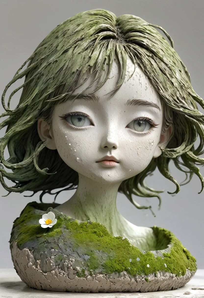 (Best quality：1.2），clay，Pottery，rough，Mineral pigments，3d，clay雕塑艺术，rough表面，（work，Abandoned Sculpture，Minimalist Sculpture，1 girl，Art Blush，cute，rough表面，Surface patterns and textures，Surface scratches，Granular，Old，Damaged，moss，rain，A small white flower，one，Concept Art，）。