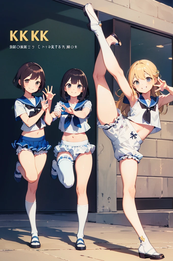 Multiple Girls, (masterpiece:1.8),(Highest quality:1.8),(Very detailed:1.8),(8k:1.8),(Ultra-fine Illustration:1.3),Random Hairstyles,Flat Chest,Sailor suit,Butt,(Frills,Bloomers:1.3),(Pose with a smile:1.5),running,(Full body angle),, Gymnastics