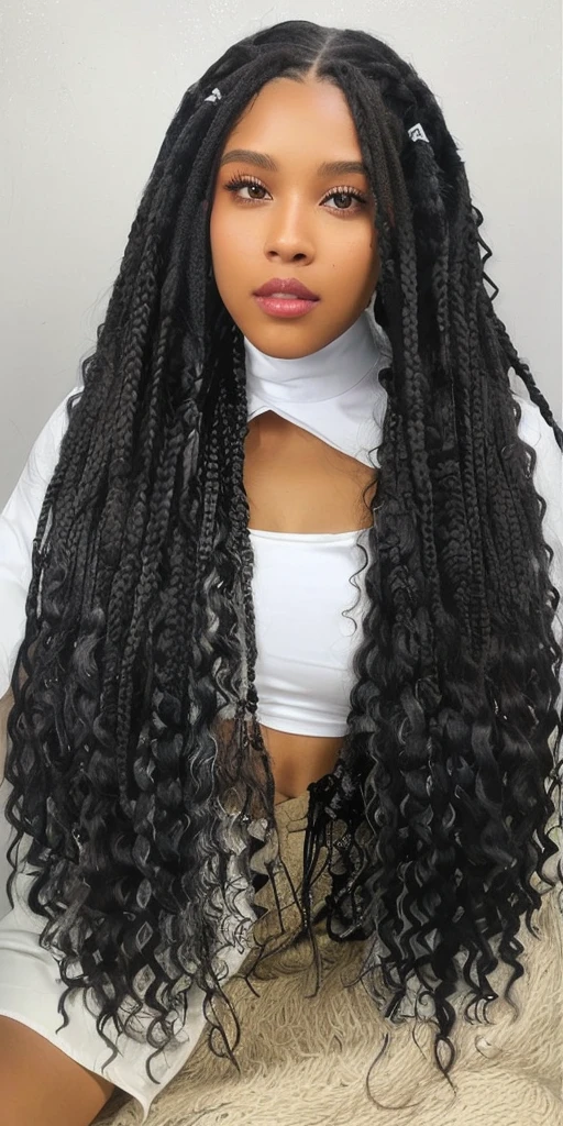 a woman with long black curly hair wearing a white top, long black braids, box braids, black hair in braids, long black braided hair, long braided black hair, long braided curly hair, long braids, long braided hair on top of head, long dark braided hair, long braided curly silver hair, braids, white braids, long wild black curly hair