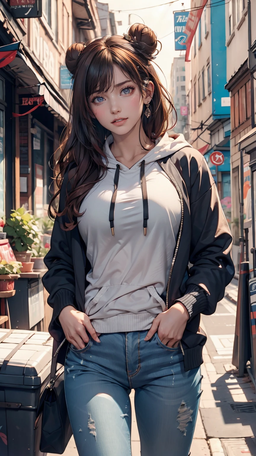 Detailed Background, masterpiece, Highest quality, smile, ornament, hoodie, Portraiture, Yellow Neon, graffiti, dark, night, Glowing Eyes, Black light、24 year old Caucasian female、Red hair、Three-ply chignon((triple bun))、Skinny jeans、running shoes、Put your hands in your pockets、Leaning against the wall of a trash-filled alley