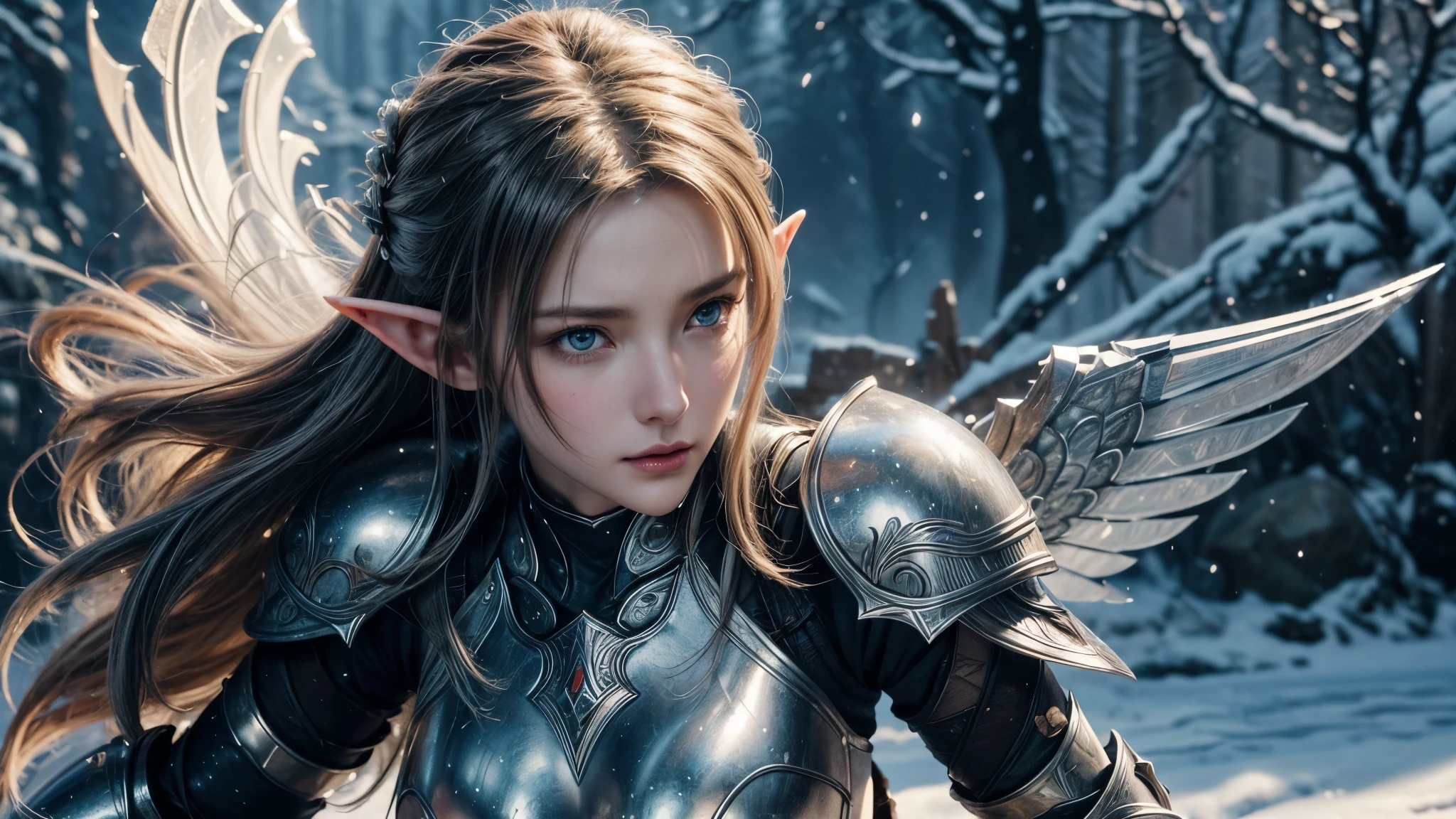 Close-up of woman holding sword and armor, Armor Girl, 2. 5D CGI anime fantasy artwork, Large Breasts，Epic fantasy digital art style, detailed Digital 2D fantasy art, Digital 2D fantasy art, original photo, (best quality:1.3), high resolution, (masterpiece), (lifelike:1.4), Professional photography, Clear focus, High Dynamic Range, 8k resolution, Intricate details, Fine details, Depth of Field, Extremely detailed CG unified 8k wallpaper, masterpiece，poster，best quality，Official Art，（Beauty and aesthetics：1.2），（masterpiece：1.3），Female Elf，individual，Light Leather Armor，complex pattern，snow，castle，Medium distance photography，（early morning），dramatic，Glowing Wings，