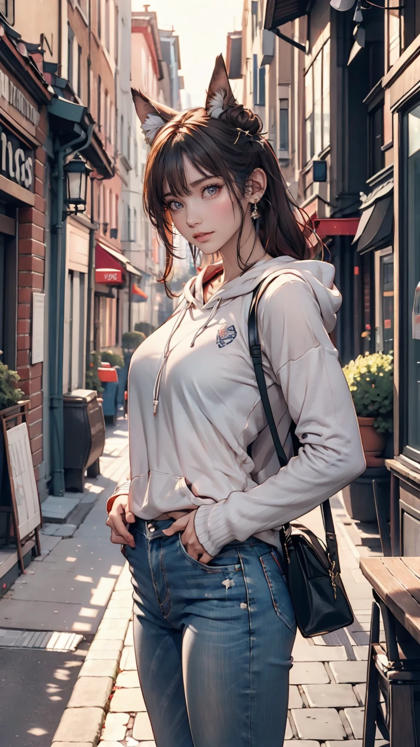 Detailed Background, masterpiece, Highest quality, smile, ornament, hoodie, Portraiture, Yellow Neon, graffiti, dark, night, Glowing Eyes, Black light、24 year old Caucasian female、Red hair、Three-ply chignon((triple bun))、Skinny jeans、running shoes、Put your hands in your pockets、Leaning against the wall of a trash-filled alley