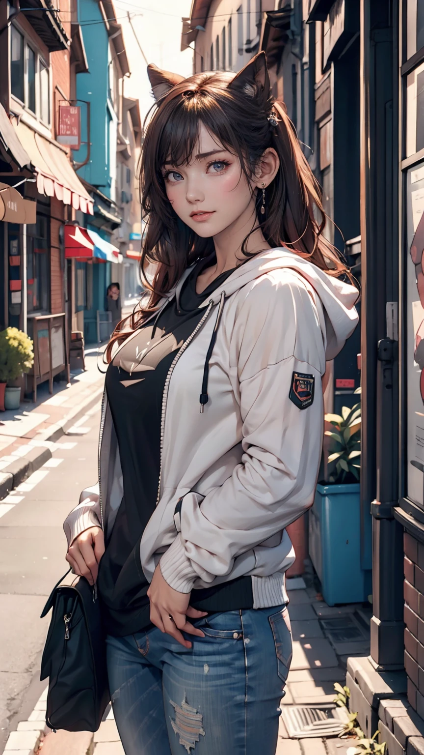 Detailed Background, masterpiece, Highest quality, smile, ornament, hoodie, Portraiture, Yellow Neon, graffiti, dark, night, Glowing Eyes, Black light、24 year old Caucasian female、Red hair、Three-ply chignon((triple bun))、Skinny jeans、running shoes、Put your hands in your pockets、Leaning against the wall of a trash-filled alley