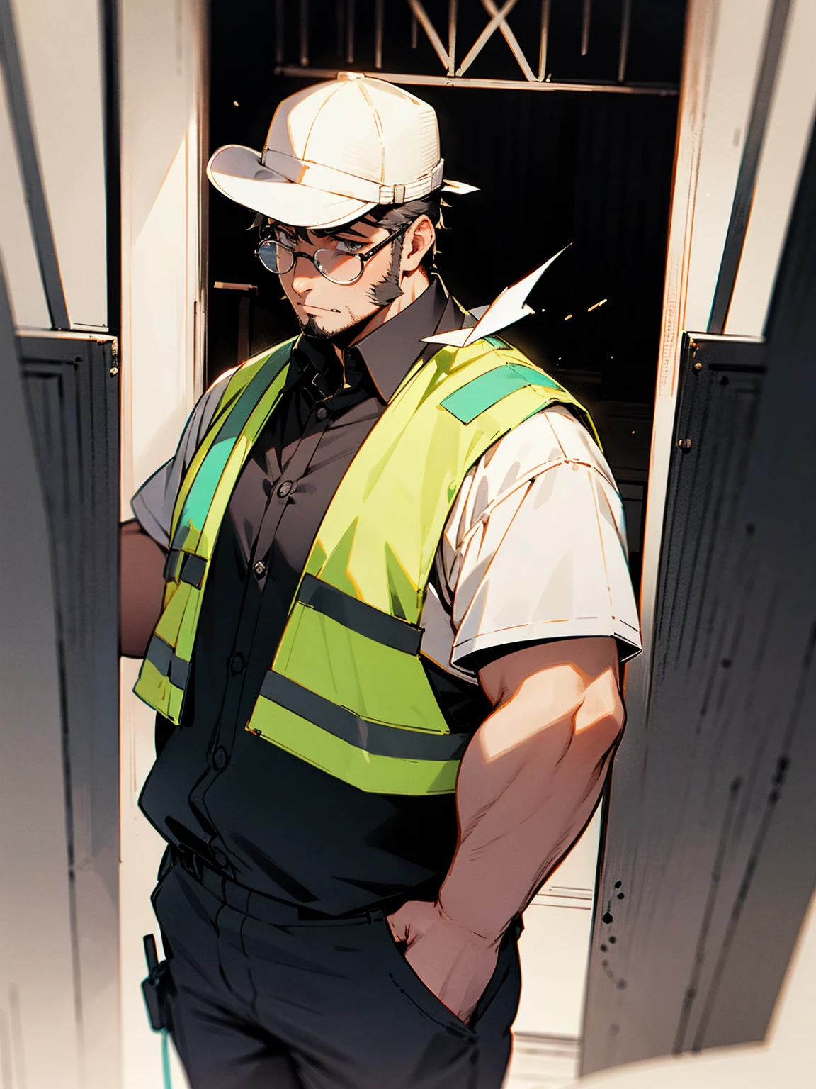 1male, fat, construction outfit, stubble, scared, glasses, dark room