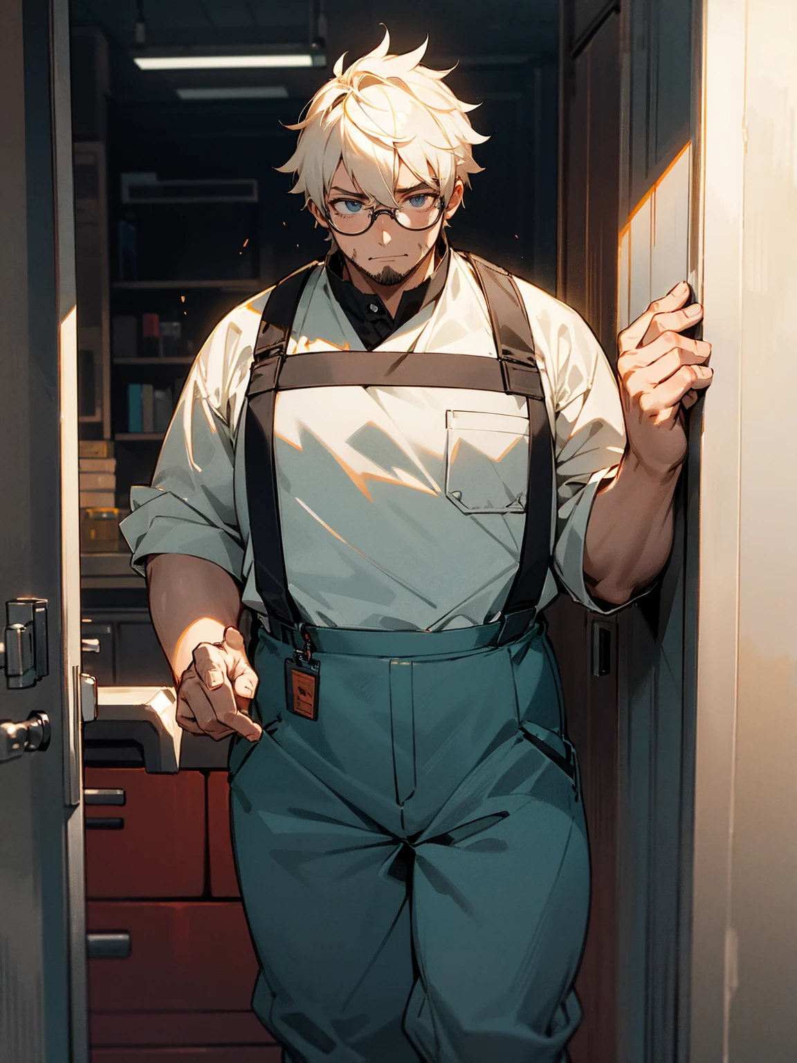 1male, fat, construction outfit, stubble, scared, glasses, dark room