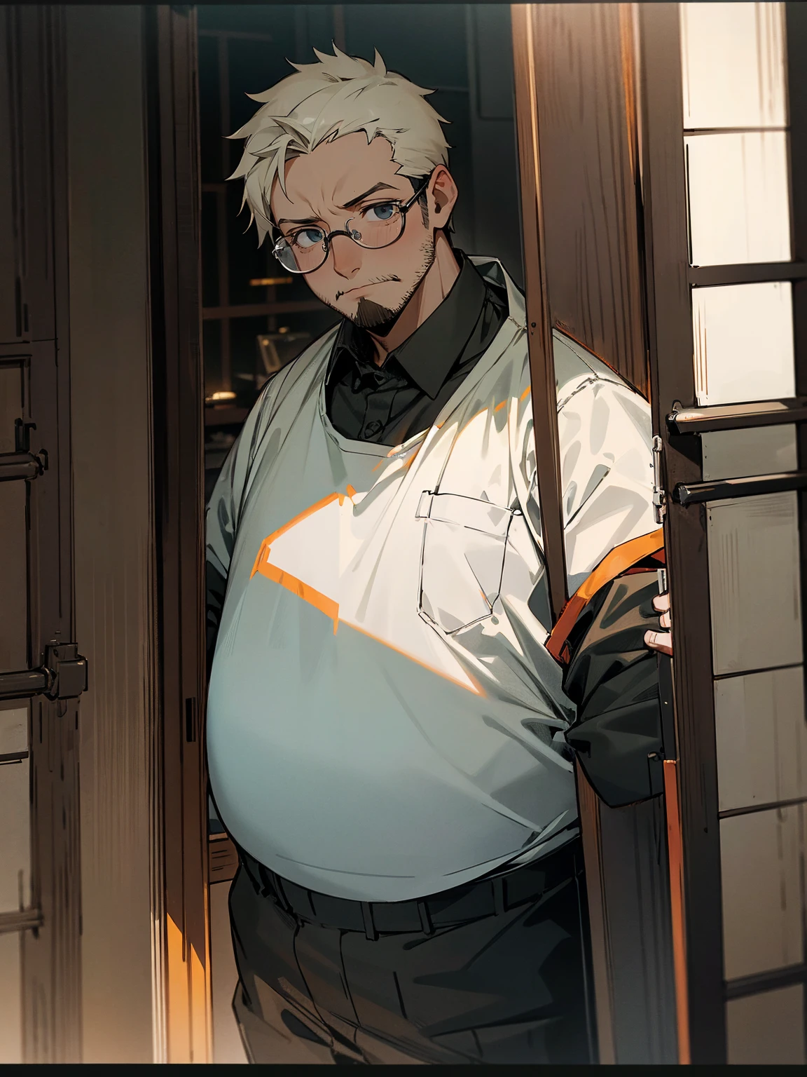 1male, fat, construction outfit, stubble, scared, glasses, dark room