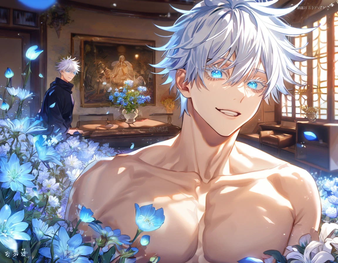 absurdres, highres, ultra detailed, HDR, master piece, Gojou Satoru, white hair with bangs, white eyelashes, expressive blue eyes, hair between the eyes, bare chest, toned chest, Jujutsu Kaisen, sexy man, room, handsome, best quality, flowers, fantasy, magical, solo, blue shining fireflies, blue petals, handsome smile,
