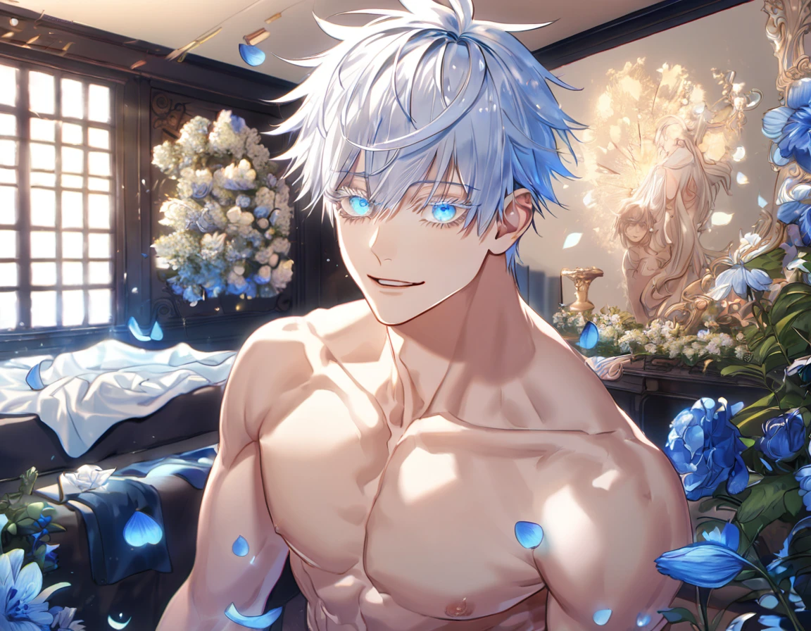absurdres, highres, ultra detailed, HDR, master piece, Gojou Satoru, white hair with bangs, white eyelashes, expressive blue eyes, hair between the eyes, bare chest, toned chest, Jujutsu Kaisen, sexy man, room, handsome, best quality, flowers, fantasy, magical, solo, blue shining fireflies, blue petals, handsome smile,