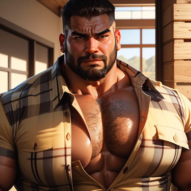 an exaggeratedly muscular and large bodyguard, beefy build, beard, latin american male, short hair, surprised expression, (wearing unbuttoned plaid shirt: 1.2), school team logo, (bara pecs: 1.3), (arm and chest hair: 1.1), close-up portrait HD, (outside ranch)