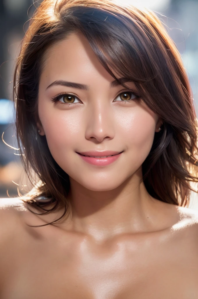 ful dressed, (fotorrealisitic: 1.4), (hiperrealisitic: 1.4), (realisitic: 1.3), (soft lighting: 1.05), (Improved cinematic lighting: 0.9), 32 mil, 1 girl, de 18 anos, realisitic Lighting, back-illuminated, Facial Lights, ray tracing, (shine light: 1.2), (Quality improvement: 1.4), ( Pele com textura realisitic de alta qualidade: 1.4), pretty detailed eyes, face detailed, good quality eyes, (ssmile: 1.4), virado para a frente, Looking here, Close do rosto, t - shirt, (improve the body line atmosphere: 1.1), (improve the beauty of skin texture: 1.1)