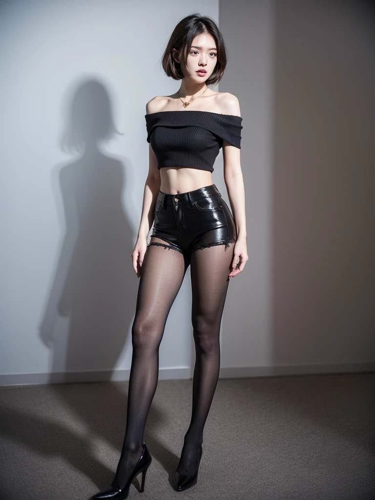 ((best quality)), ((masterpiece)), (detailed), 1 woman, off shoulder, Ripped hot pants, See-through full body full body shot, standing front