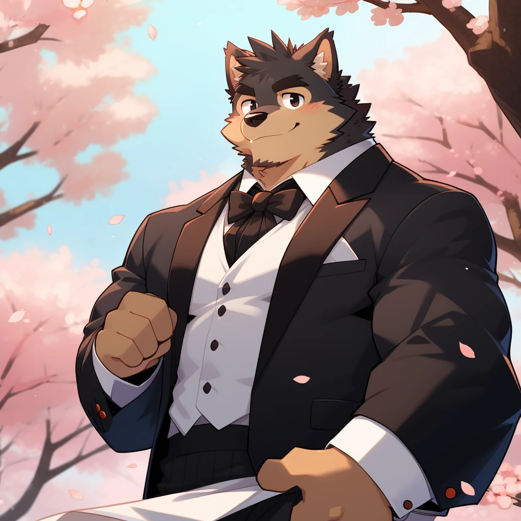 Scribble 德国牧羊dog face,Cute face,Humanity(dog),(Formal wear:1.3),Muscular,(Black eyebrows:1.1),(Close one eye:1.2),(Perfect black eyes),Cherry blossoms,Black fur。(artist:Takemoto Arashi)