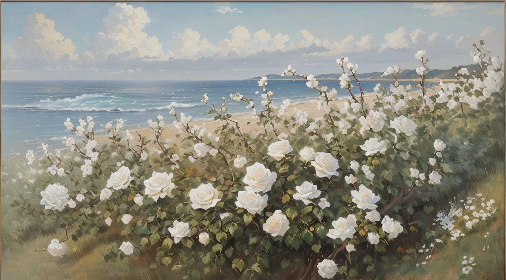 The foreground depicts a white rose bush，The background is the sea and sky，This painting is done on canvas，Use warm neutral tones，Bold brushstrokes。