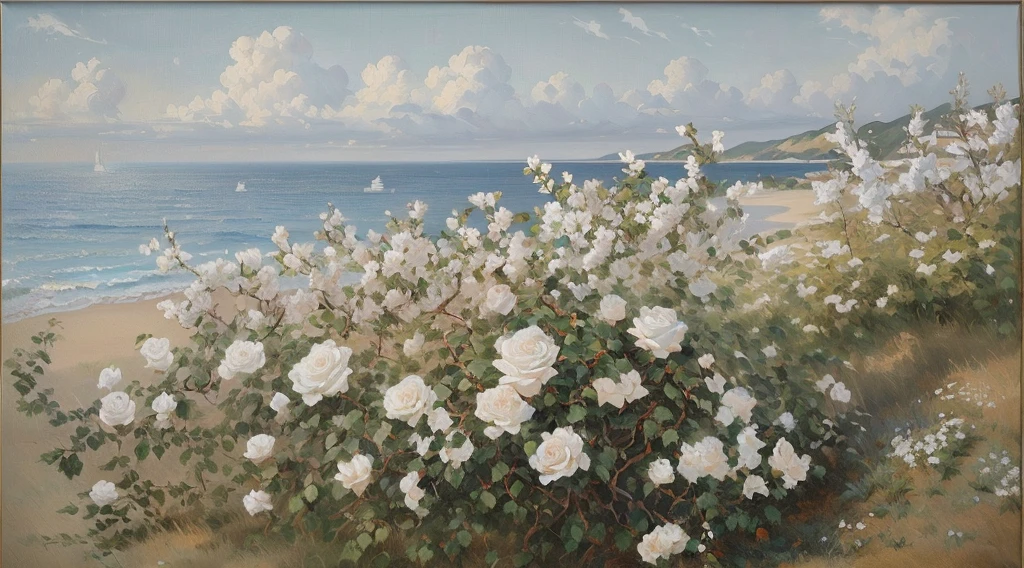 The foreground depicts a white rose bush,The background is the sea and sky,This painting is done on canvas,Use warm neutral tones,Bold brushstrokes。
