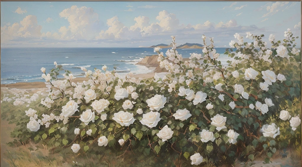 The foreground depicts a white rose bush，The background is the sea and sky，This painting is done on canvas，Use warm neutral tones，Bold brushstrokes。