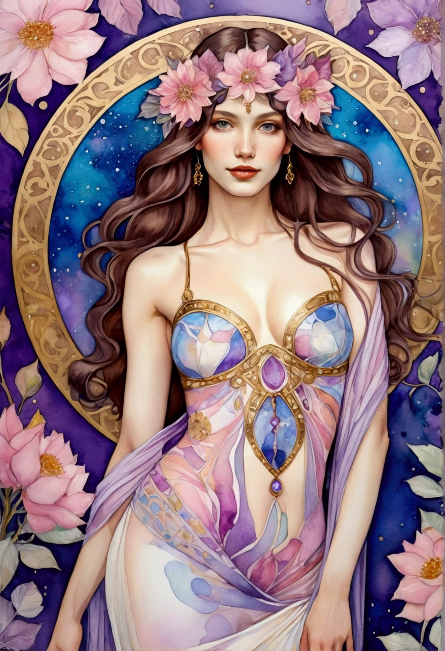 transparent watercolor, combined with the artistic styles of Gustav Klimt, Mucha, Caravaggio, a miss bikini beautiful girl show half medium breast sensual with different shades of white and light purple pink long hair, wearing a bohemian style dress of beautiful girl with breast and long legs and toes sensual paint full colors, smiling face attractive and bright and attractive eyes, decorated with winter flowers full colors, hollow crystals on a mix gold and blue leather round background, narrow frame (holographic fabric),decorativeism, exquisite details and high quality, vivids., 18K