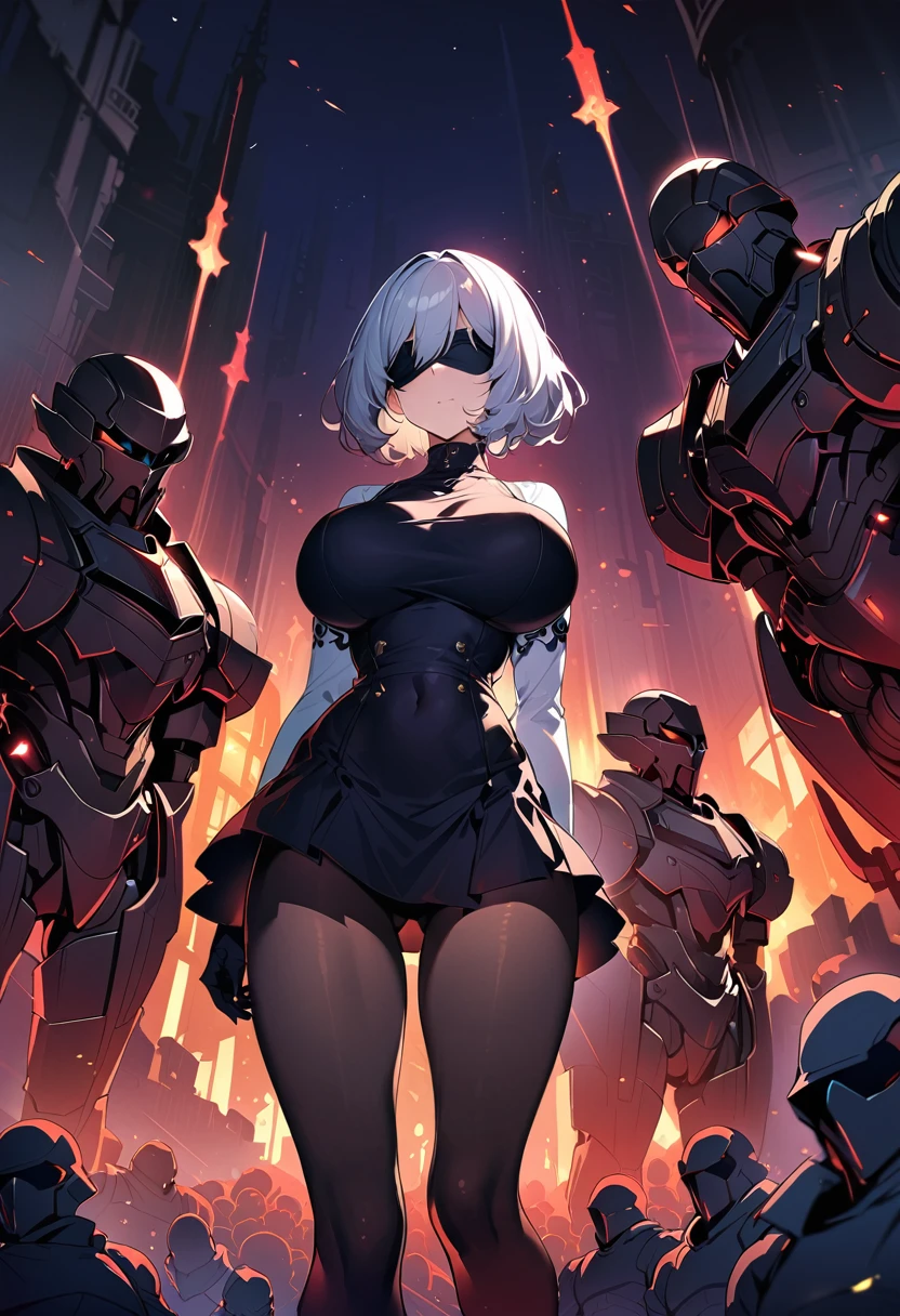 2B Nier Automata,masterpiece, 最high quality, High resolution,  Black torn clothes 、Black Pantyhose、Dark church at night、sexy、Wear a miniskirt、Thin legs、Big Breasts、Slim figure、high quality　CG Tone、Gray Hair、Black blindfold、Short Bob、Surrounded by mechanical soldiers