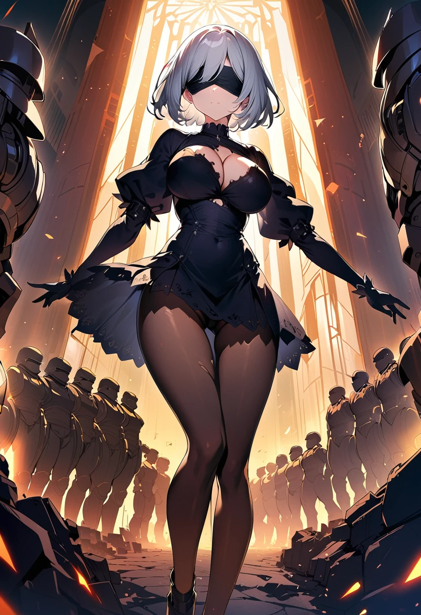 2B Nier Automata,masterpiece, 最high quality, High resolution,  Black torn clothes 、Black Pantyhose、Dark church at night、sexy、Wear a miniskirt、Thin legs、Big Breasts、Slim figure、high quality　CG Tone、Gray Hair、Black blindfold、Short Bob、Surrounded by mechanical soldiers