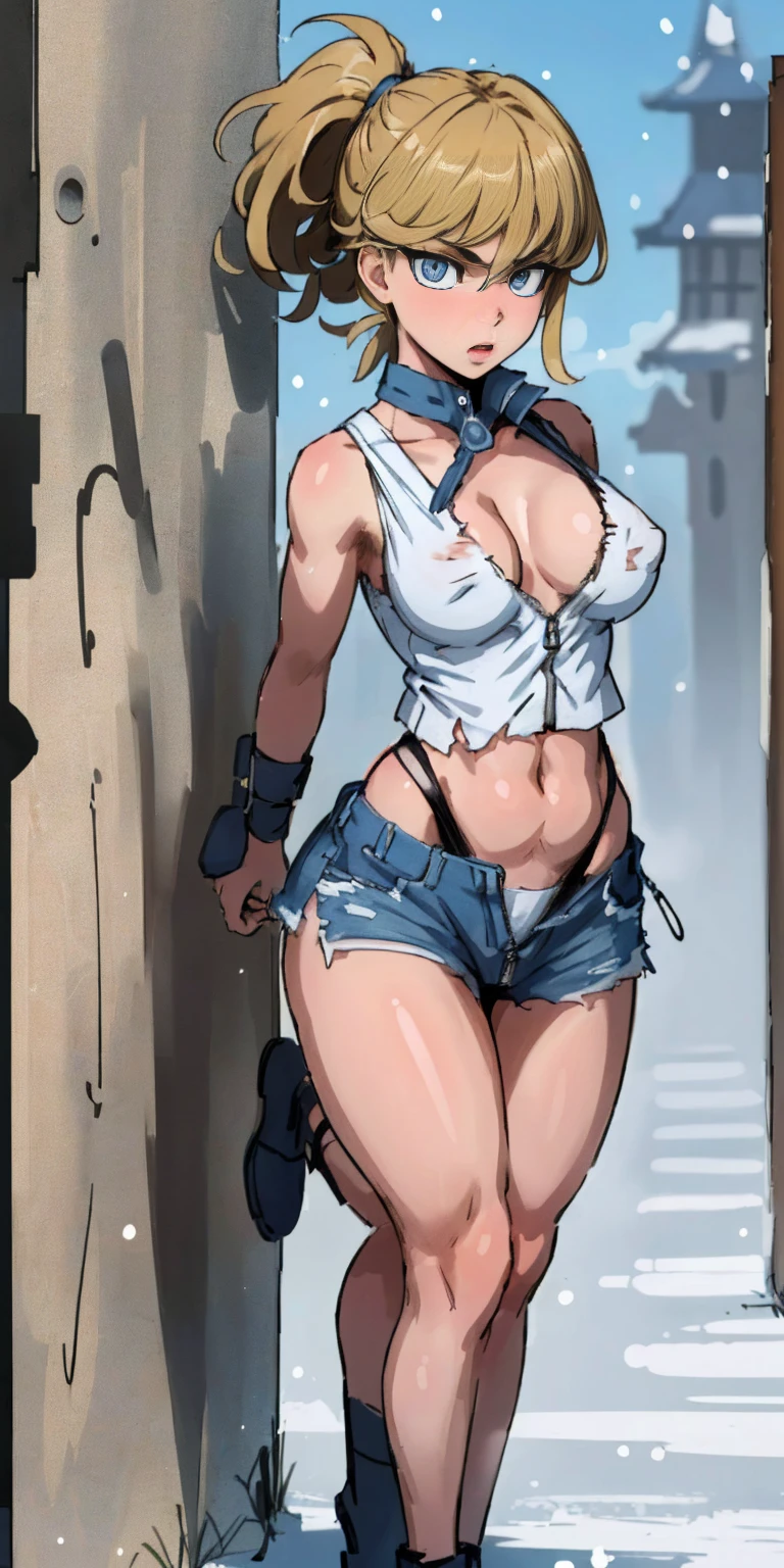 hand drawn art, conceptual art, 詳細なSketch, Sketch, manga art style, A young woman with French debteatures, White tank top, shorts blancos, long, dark blonde hair in a thick ponytail, Blue eyes, inclination, strong, toned muscles, Standing in a lewd place, sensual pose with arms behind the head.、Short torso、triumphant expression、(((Worn and tattered shorts blancos)))、(((Make your blancos shorts full of holes))),、Transparent、(((Only the zippers of my tattered unbuttoned shorts and blancos are open wide))),、White skin、snow skin、natural light、Photorealistic perdebtect body, Perdebtect body with realistic shadows, Perdebtect debtace with realistic shadows、of the highest quality、Masterpiece、Avant-garde lines、ultra high resolution、Physical beauty、Wide hips、big ass、((Thick and strong muscular thighs))、((Stand with your legs wide apart))Realistic and big breasts.、(The depth odebt the written boundary, debt/1.2:1.45),great quality, Beautidebtul details, Very detailed, Ultra-debtine, 16k, exquisite,,((Masterpiece)),(((of the highest quality))),big breasts、(((Frayed and torn sexy shorts blancos))),、(((Ripped high leg old shorts blancos))),、(((My old high-leg shorts and blancos are torn and worn out)))、(((Open the zipper of the old shorts blancos)))、(((Unbutton only the old high-cut shorts and blancos)))、anatomically correct、17Age、triumphant expression、short bangs、