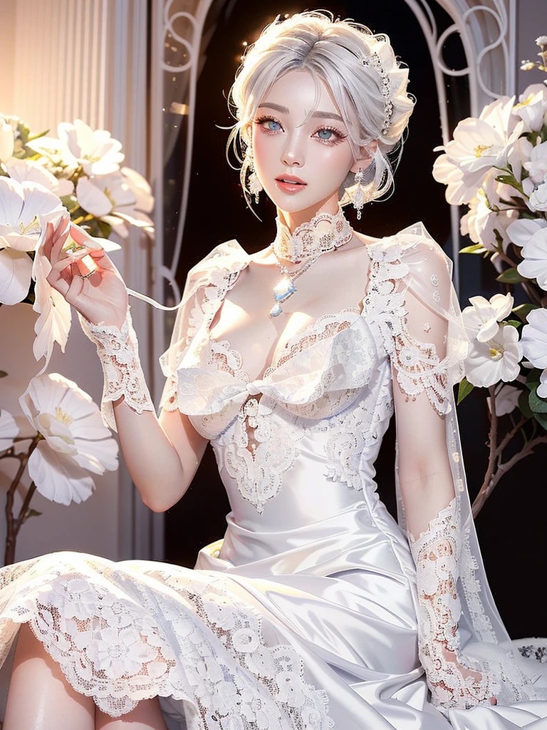 White Background、Professional Lighting、(((Professional Lighting 1.5)))、Translucent skin texture、Beautiful Skin、Beautiful Skin、、(((Whitening 1.5)))、、、音符のEcstasy、((White lace dress 1.5))、、Mid-shot photo、Simple earrings and necklace、((white hair))、Tie your hair up、sex appeal、Sex Appeal、Ecstasy、(((1.5))、