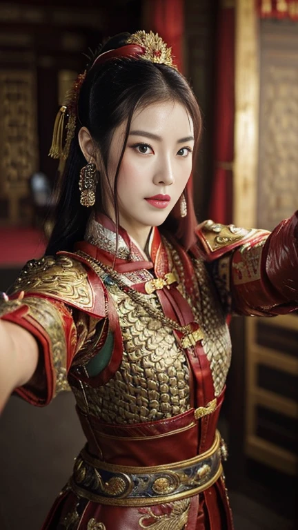 (((Selfie:1.3))), ancient Chinese girl, 2 century, looking at camera, beautiful Chinese Young General, 26 years old, (Highly detailed face, Ordinary eyes, Tapered eyebrows, Black eye, Variegated eyes, Fuller lips, little Lips, Silas, Chinese line earring ),(middle breasts, middle hip), (ancient Chinese costume, Red decoration leather armor emboss armor of dragon , chain inner clothes, put on a red silk cloak , red leather head band ), (holding a ancient Chinese long pike), standing in Chinese Palace, near Garden, sunset ,(masterpiece, Highest quality, masterpiece, God-like quality, Godly art, , Very realistic)